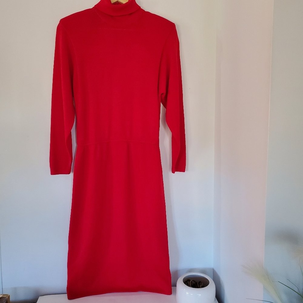 VTG ST. JOHN Sz 10 Red Santana Knit Sweater Dress LS Mock Neck Midi Valentine 💝